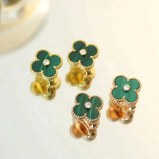 [Zalyn Jewelry ]CLOVER MEDIUM 1 MOTIFS MALACHITE DIAMOND EARRINGS