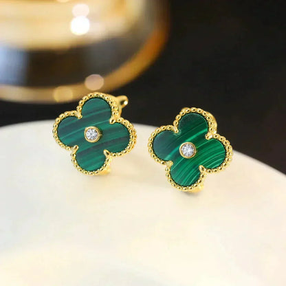 [Zalyn Jewelry ]CLOVER MEDIUM 1 MOTIFS MALACHITE DIAMOND EARRINGS