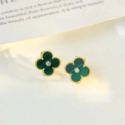 [Zalyn Jewelry ]CLOVER MEDIUM 1 MOTIFS MALACHITE DIAMOND EARRINGS