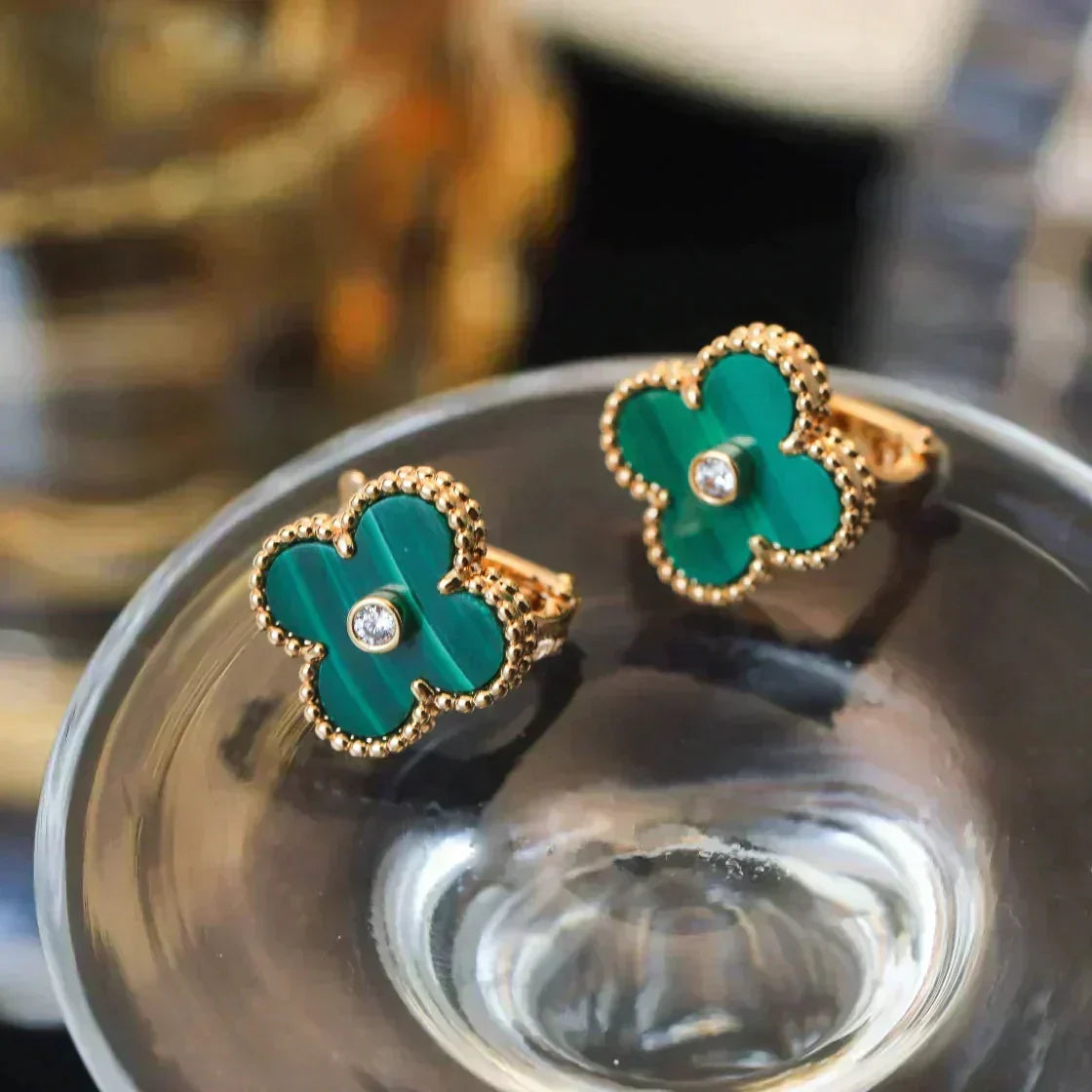 [Zalyn Jewelry ]CLOVER MEDIUM 1 MOTIFS MALACHITE DIAMOND EARRINGS