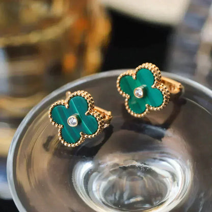 [Zalyn Jewelry ]CLOVER MEDIUM 1 MOTIFS MALACHITE DIAMOND EARRINGS