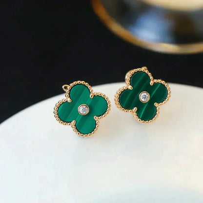 [Zalyn Jewelry ]CLOVER MEDIUM 1 MOTIFS MALACHITE DIAMOND EARRINGS