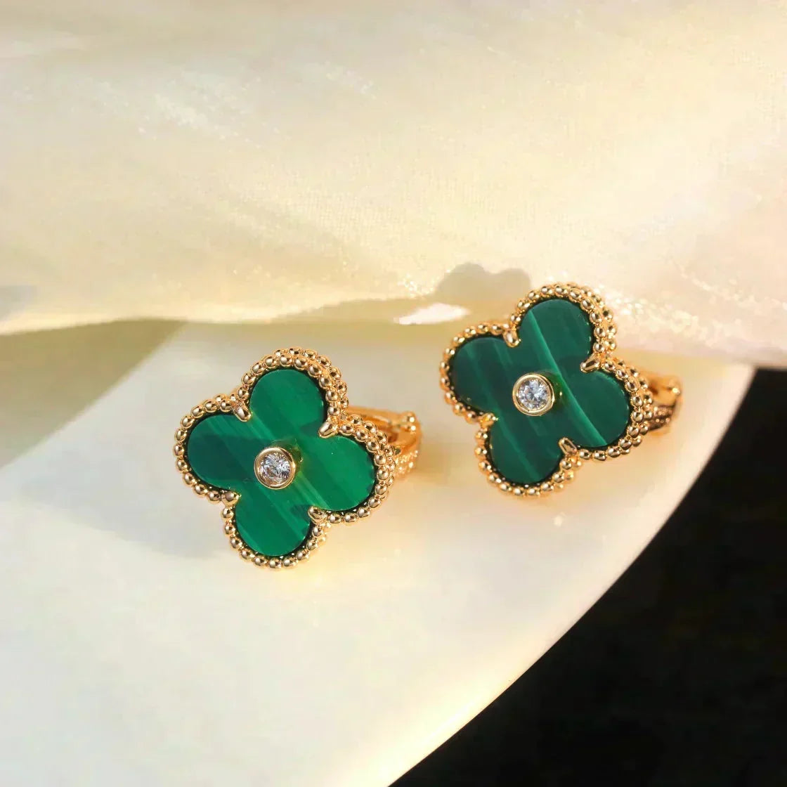[Zalyn Jewelry ]CLOVER MEDIUM 1 MOTIFS MALACHITE DIAMOND EARRINGS