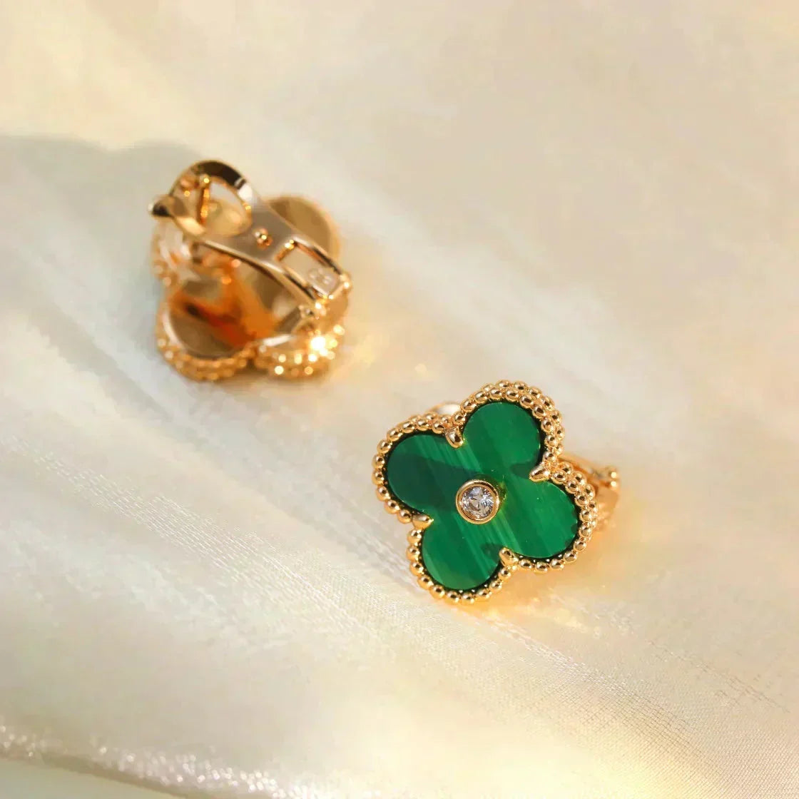 [Zalyn Jewelry ]CLOVER MEDIUM 1 MOTIFS MALACHITE DIAMOND EARRINGS