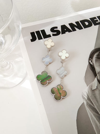 [Zalyn Jewelry ]CLOVER 3 MOTIFS CHALCEDONY DARK MOP SILVER EARRINGS