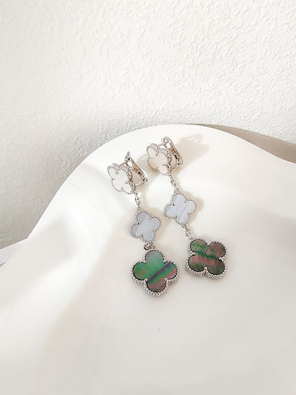[Zalyn Jewelry ]CLOVER 3 MOTIFS CHALCEDONY DARK MOP SILVER EARRINGS