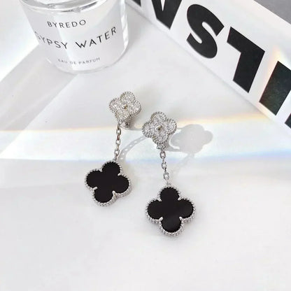 [Zalyn Jewelry ]CLOVER 2 MOTIFS  DIAMOND ONYX EARRINGS SILVER