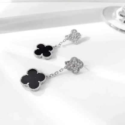 [Zalyn Jewelry ]CLOVER 2 MOTIFS  DIAMOND ONYX EARRINGS SILVER