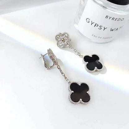 [Zalyn Jewelry ]CLOVER 2 MOTIFS  DIAMOND ONYX EARRINGS SILVER