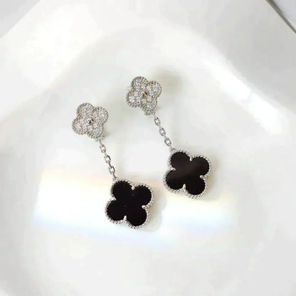 [Zalyn Jewelry ]CLOVER 2 MOTIFS  DIAMOND ONYX EARRINGS SILVER