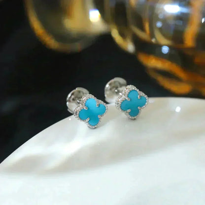 [Zalyn Jewelry ]CLOVER MINI 9.5MM ONYX STUD EARRINGS SILVER