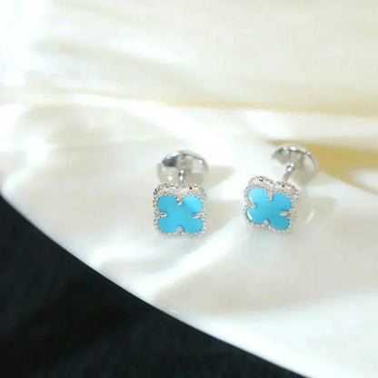 [Zalyn Jewelry ]CLOVER MINI 9.5MM ONYX STUD EARRINGS SILVER