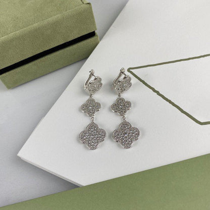[Zalyn Jewelry ]CLOVER 3 MOTIF DIAMOND SILVER DROP EARRINGS