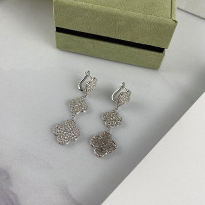 [Zalyn Jewelry ]CLOVER 3 MOTIF DIAMOND SILVER DROP EARRINGS