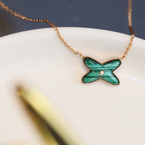 [Zalyn]JEUX MALACHITE 1 DIAMOND ROSE GOLD NECKLACE