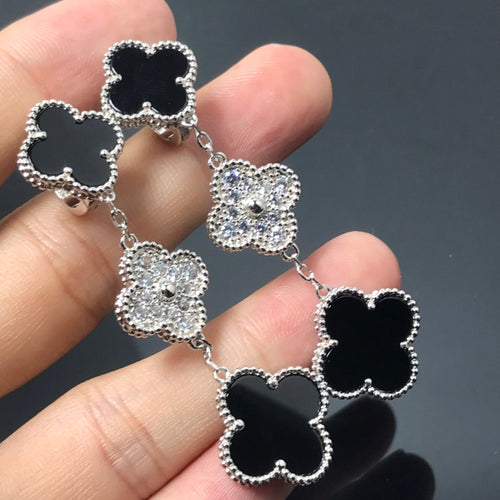 [Zalyn Jewelry ]CLOVER 3 MOTIF DIAMOND ONYX SILVER EARRINGS