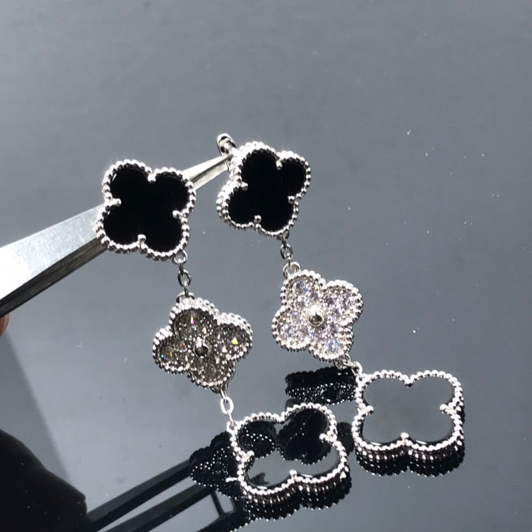 [Zalyn Jewelry ]CLOVER 3 MOTIF DIAMOND ONYX SILVER EARRINGS