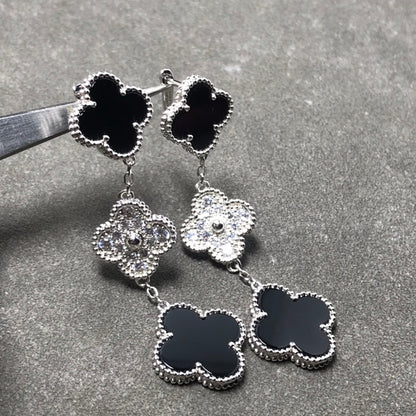 [Zalyn Jewelry ]CLOVER 3 MOTIF DIAMOND ONYX SILVER EARRINGS
