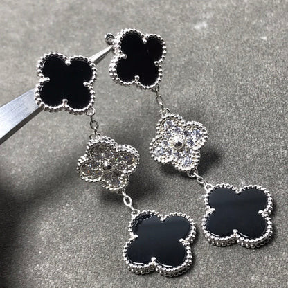 [Zalyn Jewelry ]CLOVER 3 MOTIF DIAMOND ONYX SILVER EARRINGS