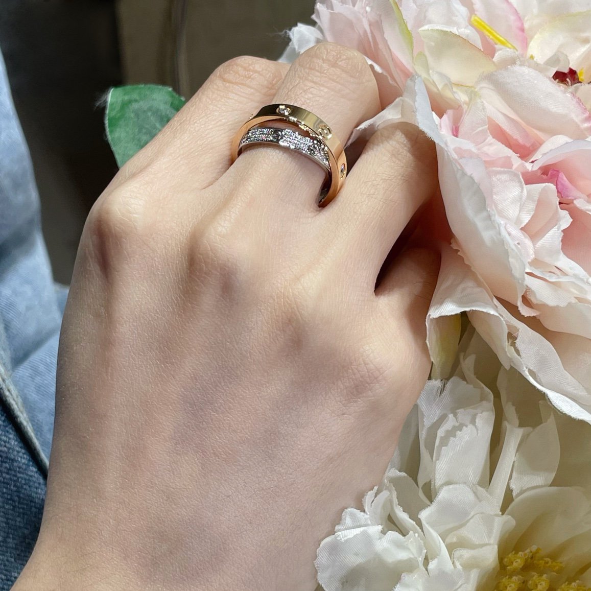 [Zalyn Jewelry ]LOVE PINK GOLD SILVER DIAMOND DOUBLE RING