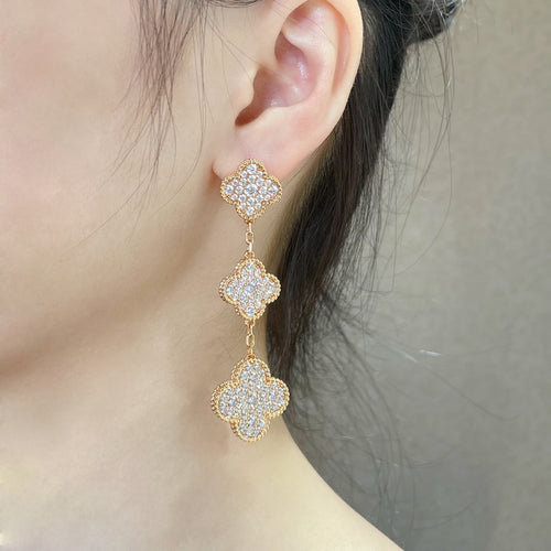 [Zalyn Jewelry ]CLOVER 3 MOTIFS DIAMOND PAVED ROSE GOLD EARRINGS