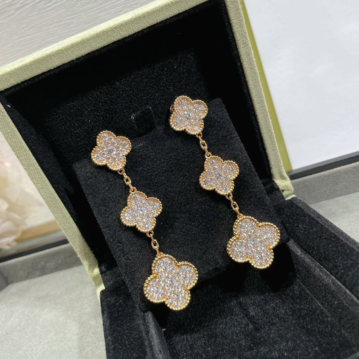 [Zalyn Jewelry ]CLOVER 3 MOTIFS DIAMOND PAVED ROSE GOLD EARRINGS