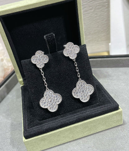 [Zalyn Jewelry ]CLOVER 2 MOTIFS DIAMOND PAVED SILVER EARRINGS