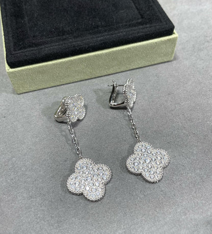 [Zalyn Jewelry ]CLOVER 2 MOTIFS DIAMOND PAVED SILVER EARRINGS