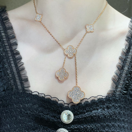 [Zalyn Jewelry ]CLOVER 6 MOTIF DIAMOND PAVED NECKLACE