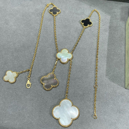 [Zalyn Jewelry ]CLOVER 6 MOTIF MOP ONYX GOLD NECKLACE