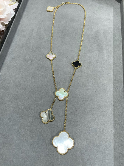 [Zalyn Jewelry ]CLOVER 6 MOTIF MOP ONYX GOLD NECKLACE
