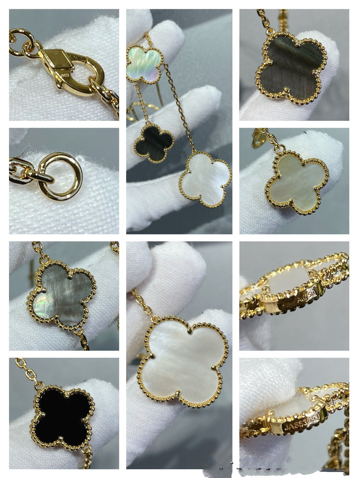 [Zalyn Jewelry ]CLOVER 6 MOTIF MOP ONYX GOLD NECKLACE