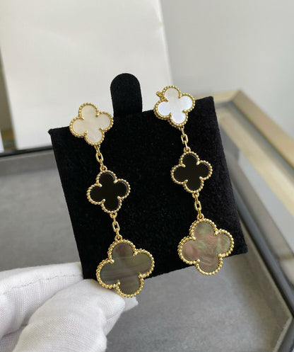 [Zalyn Jewelry ]CLOVER 3 MOTIF MOP ONYX DARK MOP PINK GOLD EARRINGS