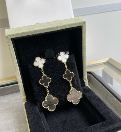 [Zalyn Jewelry ]CLOVER 3 MOTIF MOP ONYX DARK MOP PINK GOLD EARRINGS
