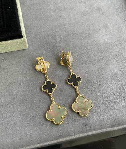 [Zalyn Jewelry ]CLOVER 3 MOTIF MOP ONYX DARK MOP PINK GOLD EARRINGS
