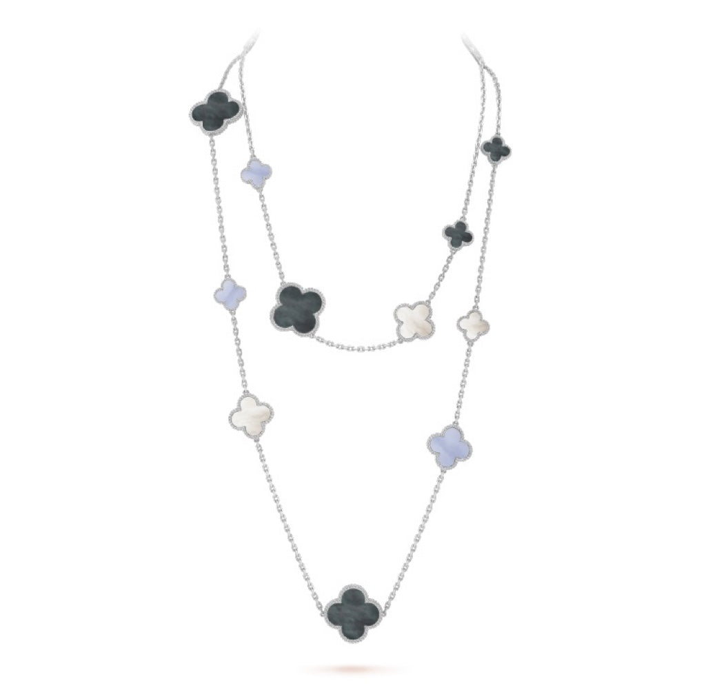 [Zalyn Jewelry ]CLOVER 16 MOTIF CHALCEDONY MOP SILVER NECKLACE