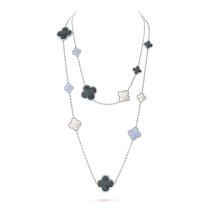 [Zalyn Jewelry ]CLOVER 16 MOTIF CHALCEDONY MOP SILVER NECKLACE