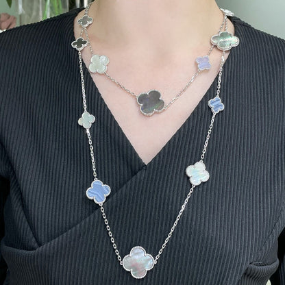[Zalyn Jewelry ]CLOVER 16 MOTIF CHALCEDONY MOP SILVER NECKLACE