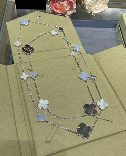 [Zalyn Jewelry ]CLOVER 16 MOTIF CHALCEDONY MOP SILVER NECKLACE
