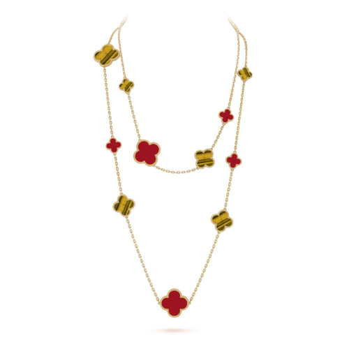 [Zalyn Jewelry ]CLOVER 16 MOTIF CARNELIAN TIGER EYE ROSE GOLD NECKLACE