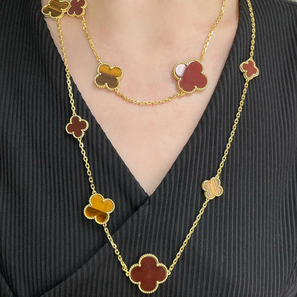 [Zalyn Jewelry ]CLOVER 16 MOTIF CARNELIAN TIGER EYE ROSE GOLD NECKLACE