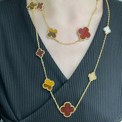 [Zalyn Jewelry ]CLOVER 16 MOTIF CARNELIAN TIGER EYE ROSE GOLD NECKLACE