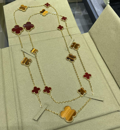 [Zalyn Jewelry ]CLOVER 16 MOTIF CARNELIAN TIGER EYE ROSE GOLD NECKLACE