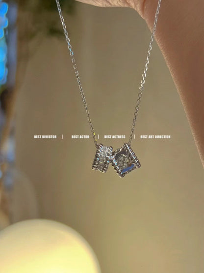 [Zalyn Jewelry ]PERLEE DOUBLE PENDANT SILVER DIAMOND NECKLACE