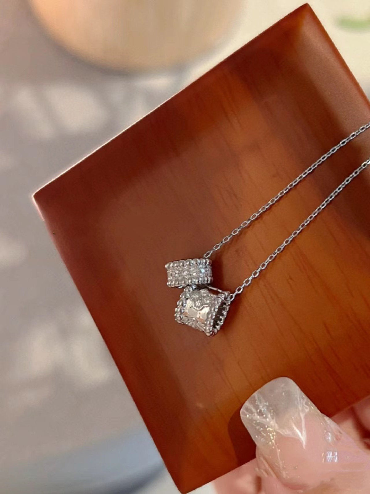 [Zalyn Jewelry ]PERLEE DOUBLE PENDANT SILVER DIAMOND NECKLACE