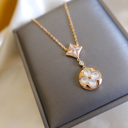[Zalyn]STAR AND SUN WHITE MOP 2 MOTIF ROSE GOLD NECKLACE