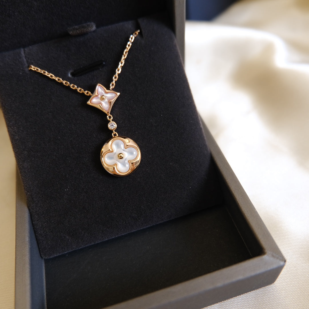 [Zalyn]STAR AND SUN WHITE MOP 2 MOTIF ROSE GOLD NECKLACE