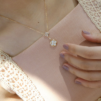 [Zalyn]STAR AND SUN WHITE MOP 2 MOTIF ROSE GOLD NECKLACE