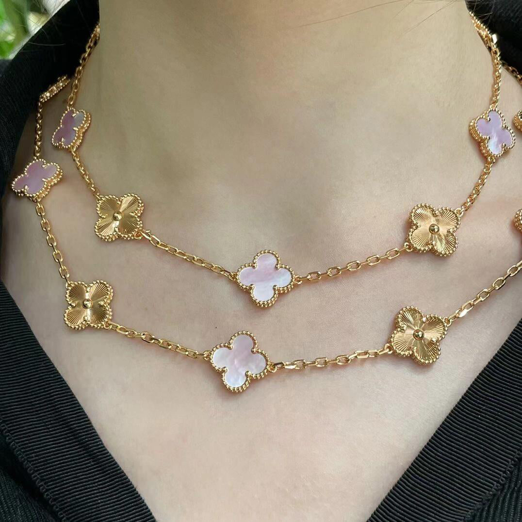[Zalyn Jewelry ]CLOVER 20 MOTIFS LASER PINK MOP NECKLACE