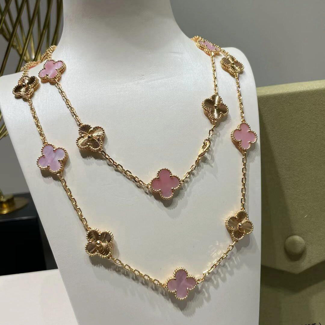 [Zalyn Jewelry ]CLOVER 20 MOTIFS LASER PINK MOP NECKLACE